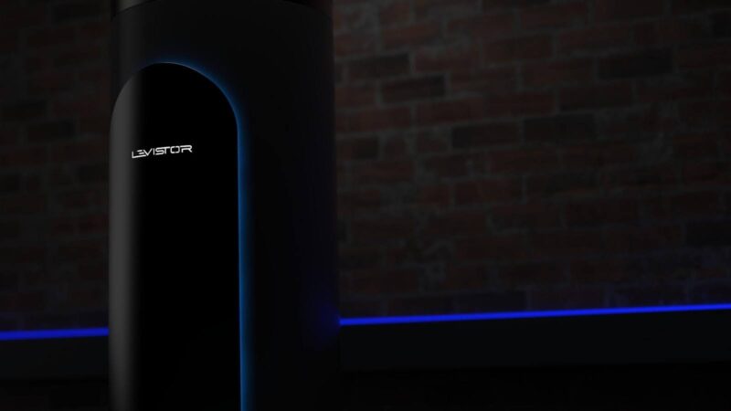 Levistor's CycloCell unit drifts across the screen, illuminated by blue linear LED lights and dim, ambient lighting.