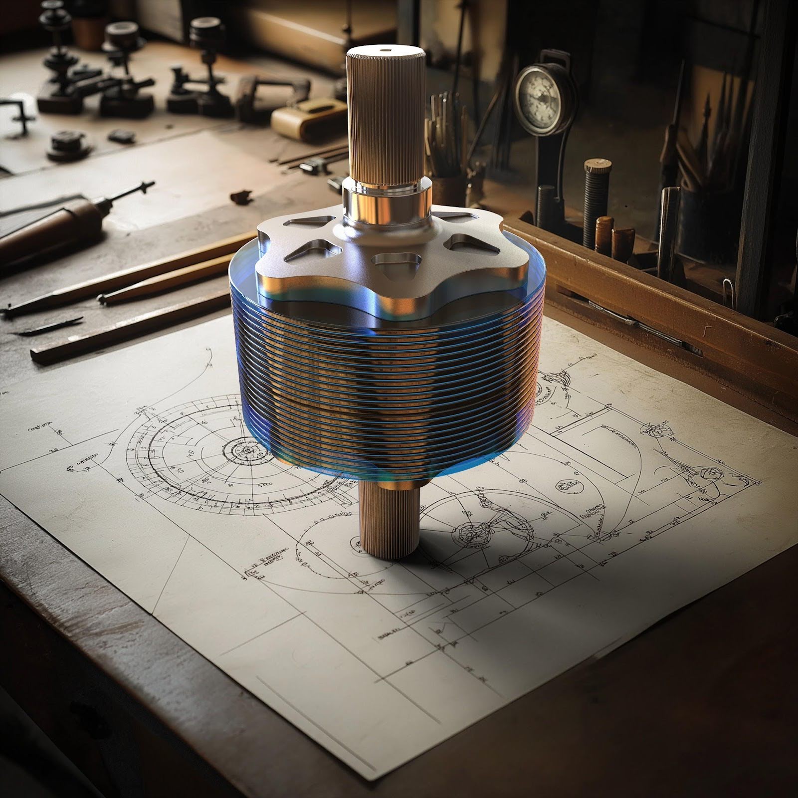 Levistor's layered CycloCell technology balanced over a classical-style hand-drawn blueprint, giving a sense of workmanship and innovation.