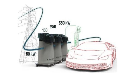 Diagram showing the path of energy from the grid into an electric vehicle via Levistor's CycloCell technology, drawn in a computer-rendered pencil sketch style.